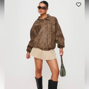 GOLDSMITH FAUX LEATHER BOMBER JACKET WASHED DARK BROWN